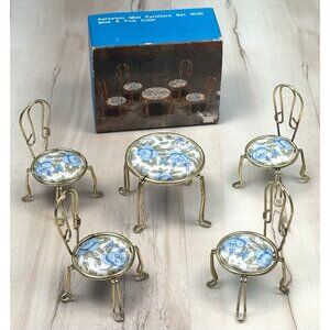 Porcelain Miniature Mini Dollhouse Furniture Parlor TABLE & CHAIRS Blue Floral